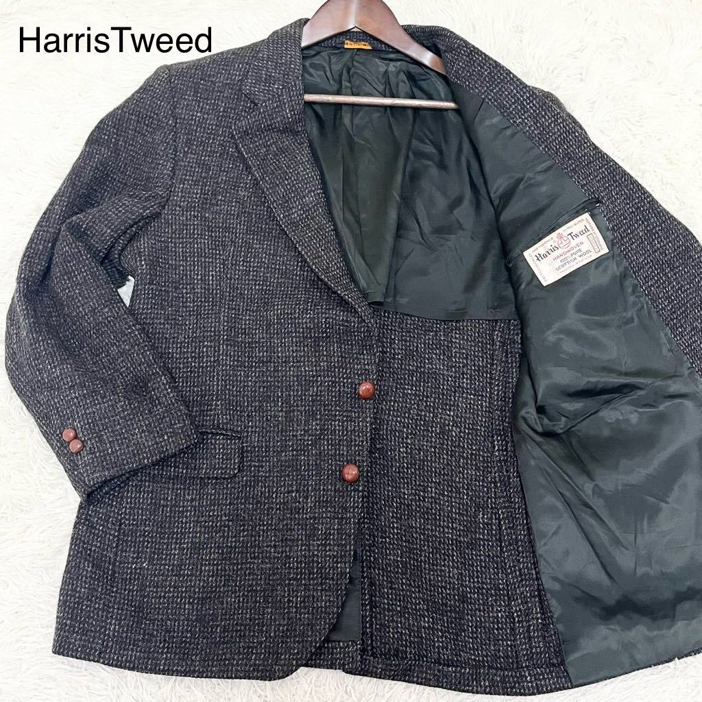 美品 L位 ハリスツイード HarrisTweed テーラードジャケット ウール100% 千鳥格子 チェックくるみボタン 2B アウター メンズ 紳士服 グレーの画像1