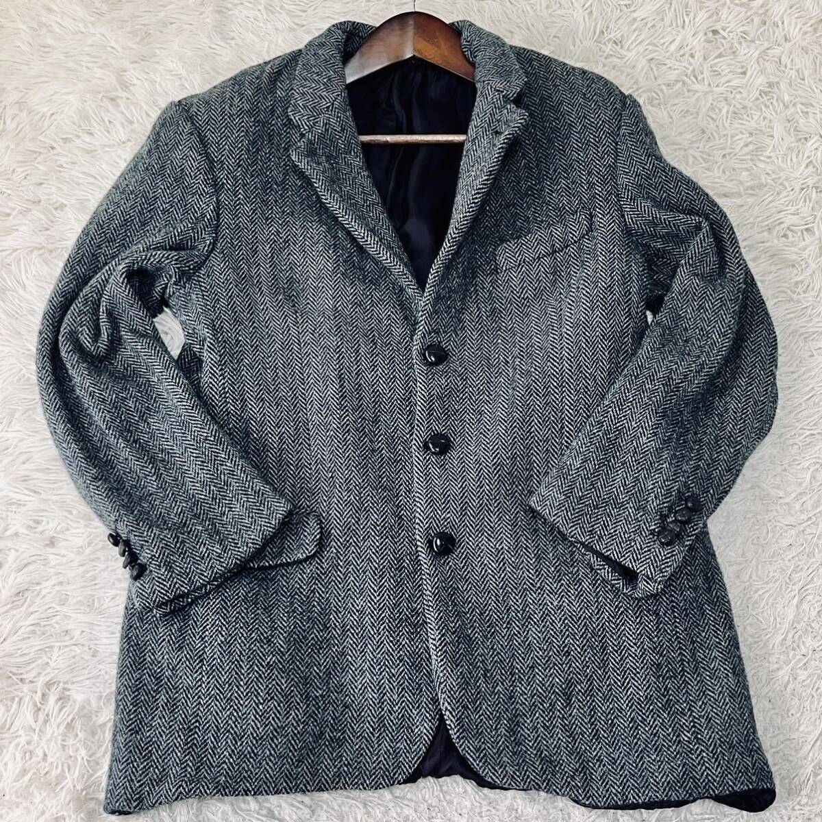 美品 希少2XLサイズ!!! ハリスツイード Harris Tweed テーラードジャケット ヘリンボーン くるみボタン ウール100% グレー メンズ 3L 52の画像2