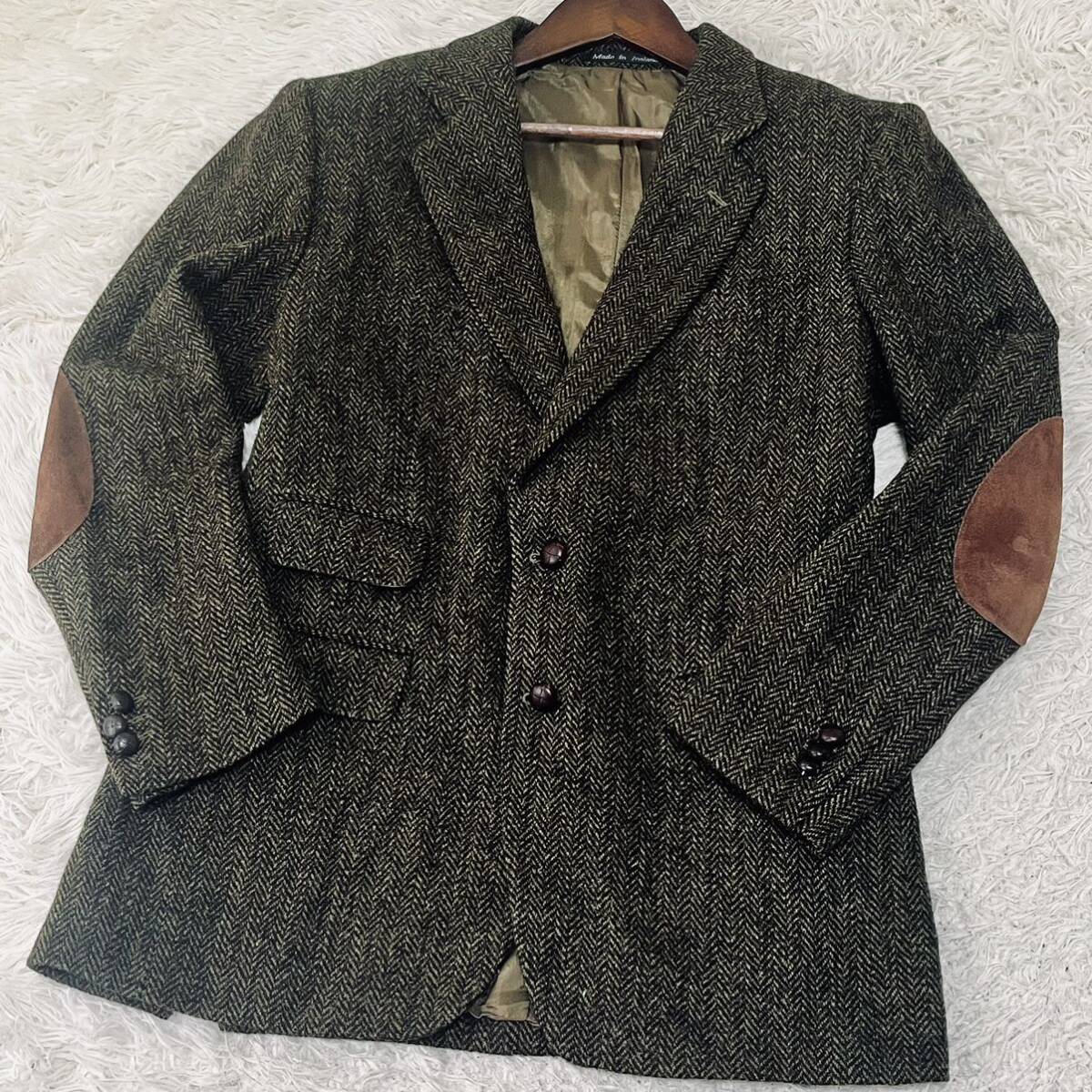 美品 希少XLサイズ ハリスツイード Harris Tweed テーラードジャケット ヘリンボーン エルボーパッチ くるみボタン ブラウン カーキ LL 50Rの画像2