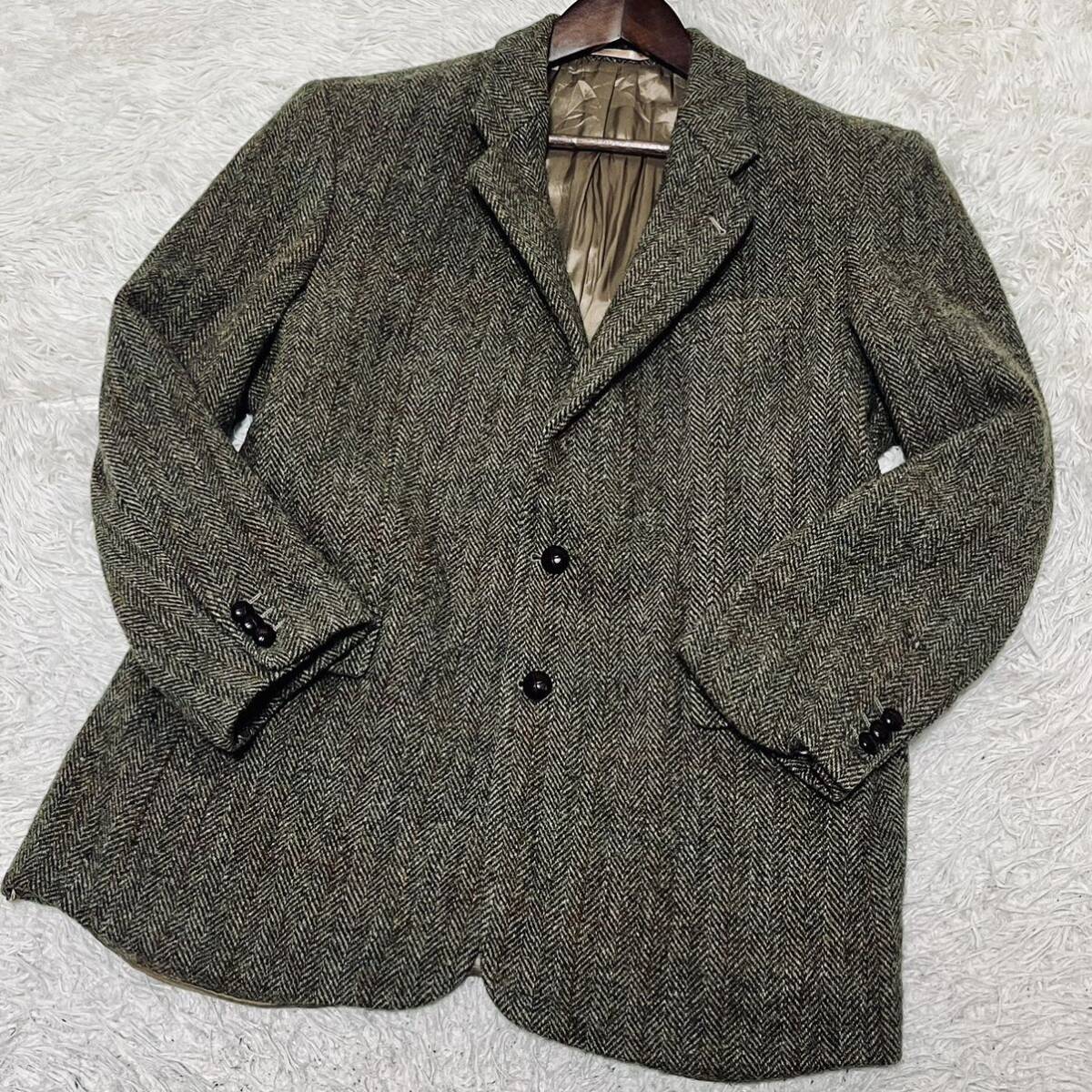 美品 ハリスツイード Harris Tweed テーラードジャケット ヘリンボーン チェック くるみボタン 2B ウール 100% メンズ アウター カーキ L位の画像2