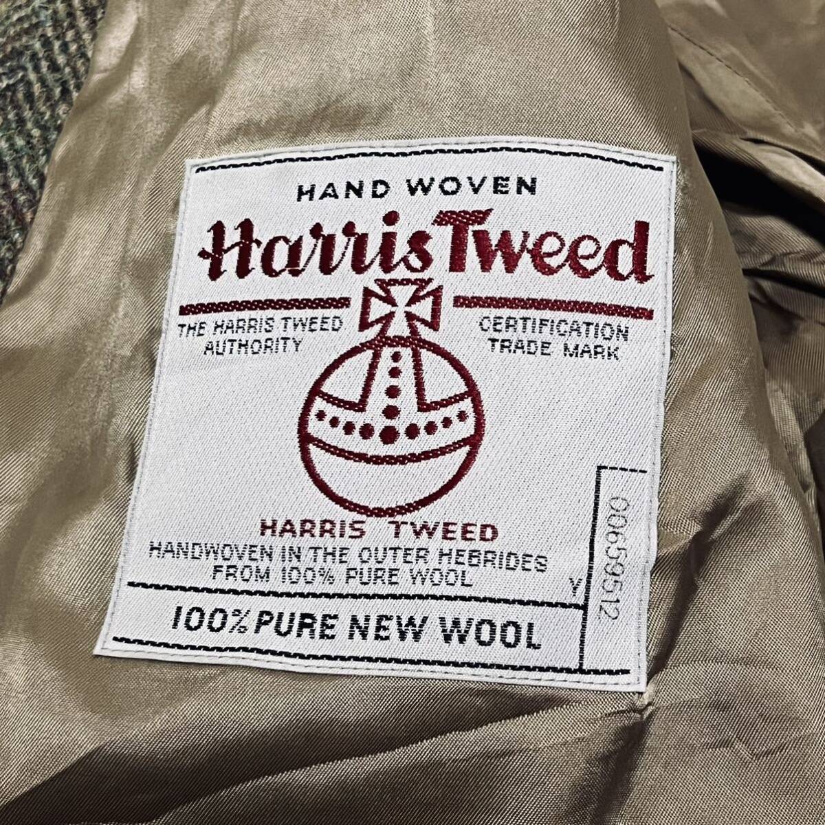 美品 ハリスツイード Harris Tweed テーラードジャケット ヘリンボーン チェック くるみボタン 2B ウール 100% メンズ アウター カーキ L位の画像8