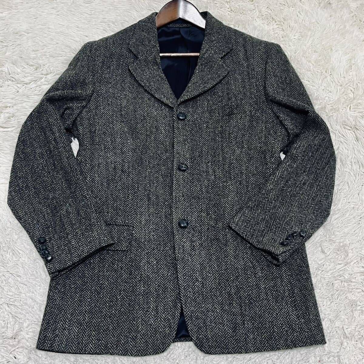 1円〜 極美品 ハリスツイード Harris Tweed テーラードジャケット ヘリンボーン くるみボタン ウール アウター メンズ グレー 48 Lサイズの画像2