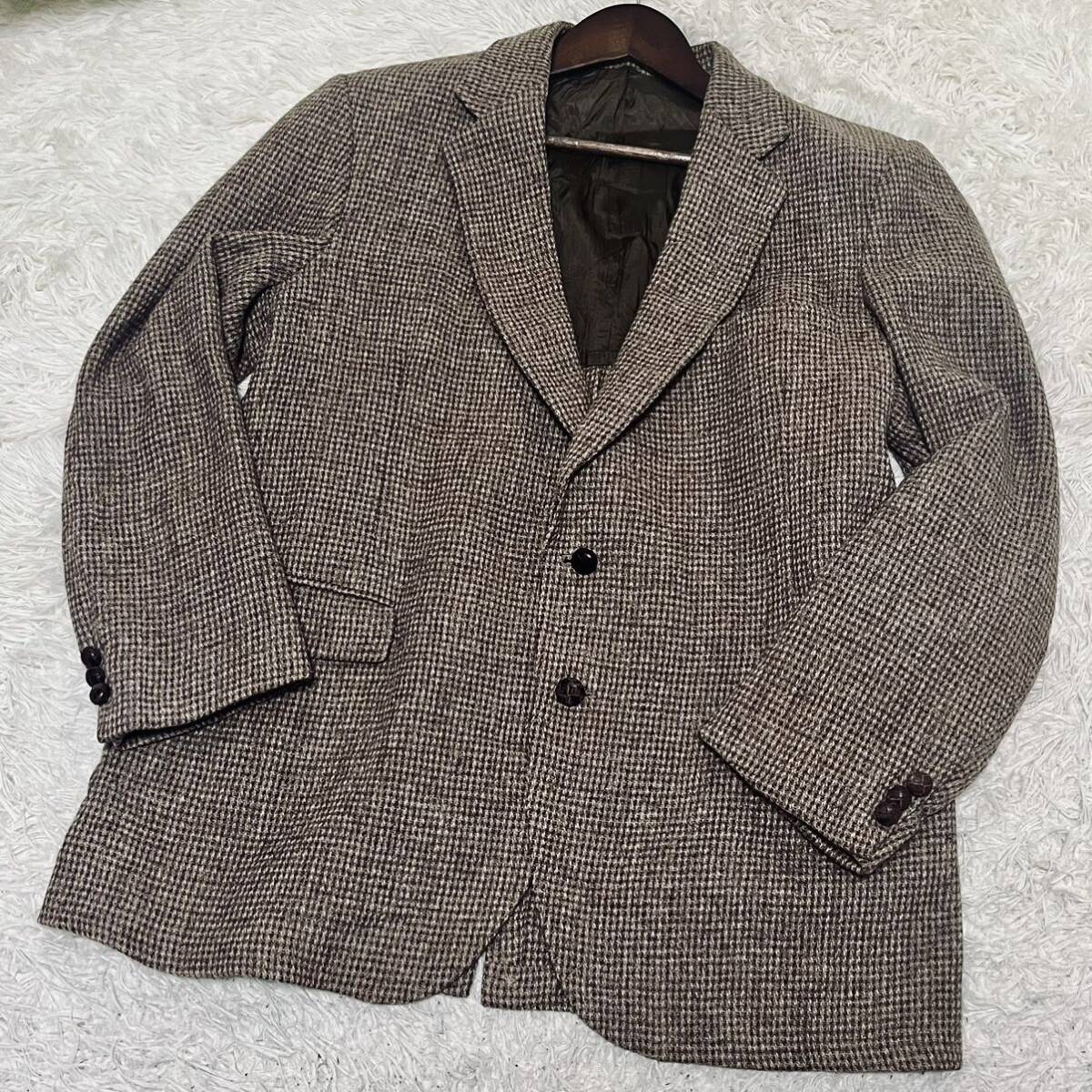 1円〜 美品 ハリスツイード Harris Tweed テーラードジャケット くるみボタン 2B 千鳥格子 ウール メンズ アウター 紳士服 ブラウン L位の画像2