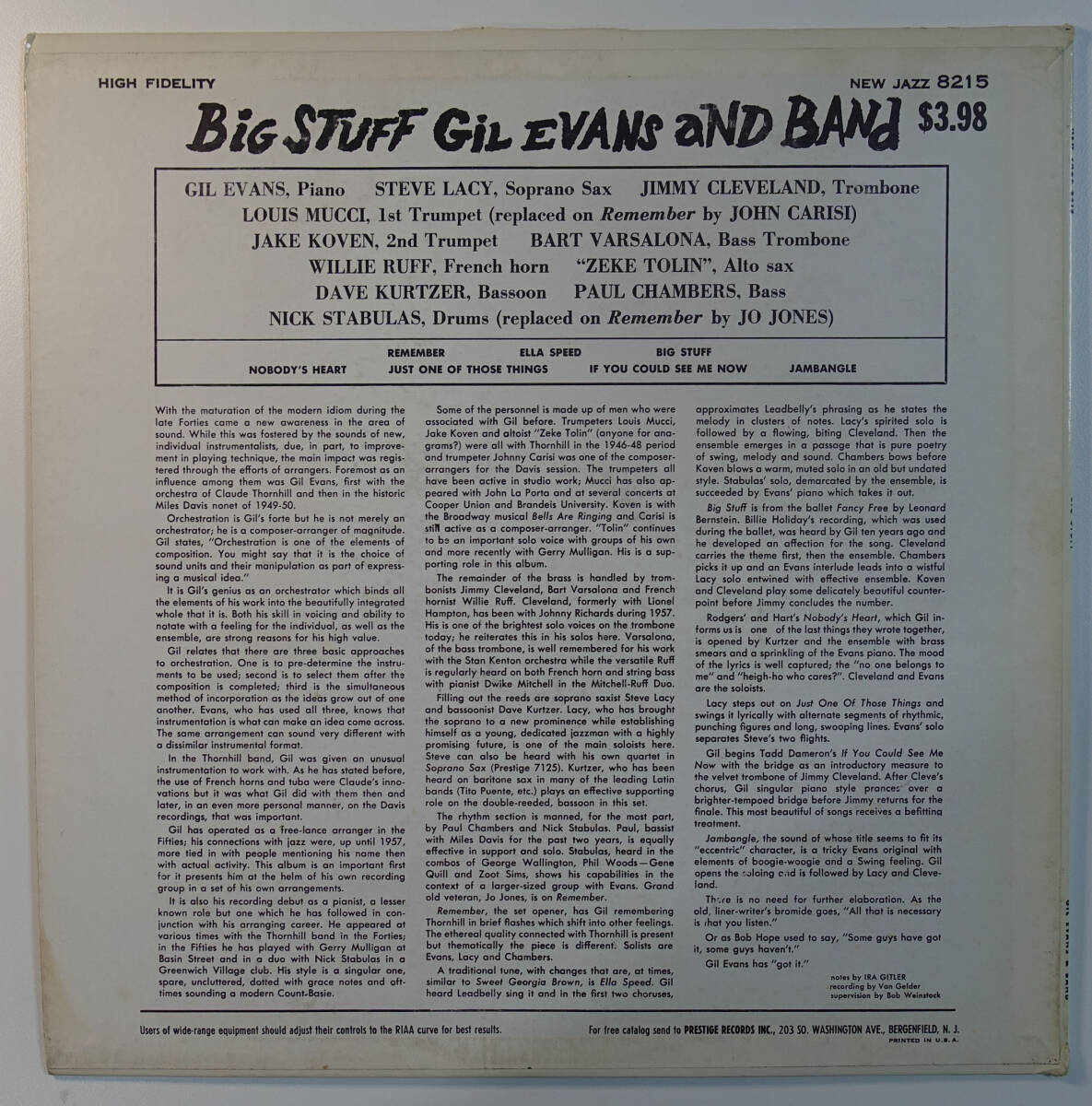 美盤! US NEW JAZZ NJLP 8215 オリジナル BIG STUFF / Gil Evans and Band RVG/DGレーベル_画像2