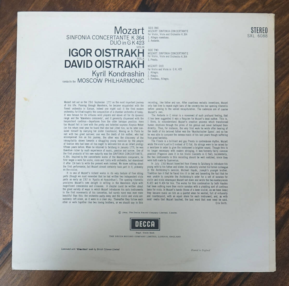 英DECCA SXL 6088 モーツァルト: ヴァイオリン協奏曲 オイストラッフの画像2