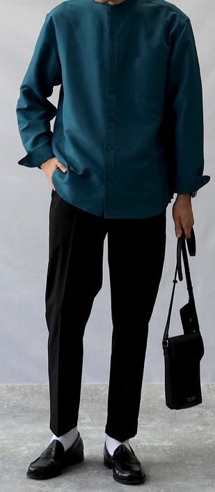 ◆新品◆ 定価3900円!! BACKNUMBER バックナンバー 微光沢!! バンドカラーシャツ スタンドカラー 長袖 黒緑 メンズ Lサイズの画像4