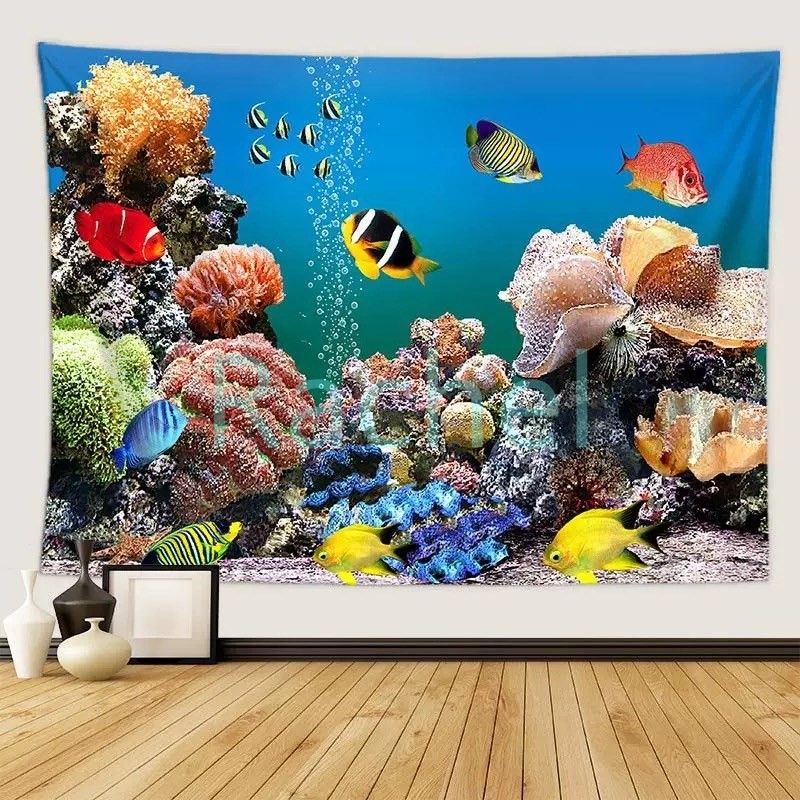 タペストリー金具付E17　水族館　海底　ダイビング　サンゴ礁　熱帯魚　水槽　 ウォールデコレーション 窓カーテン ファブリック装飾
