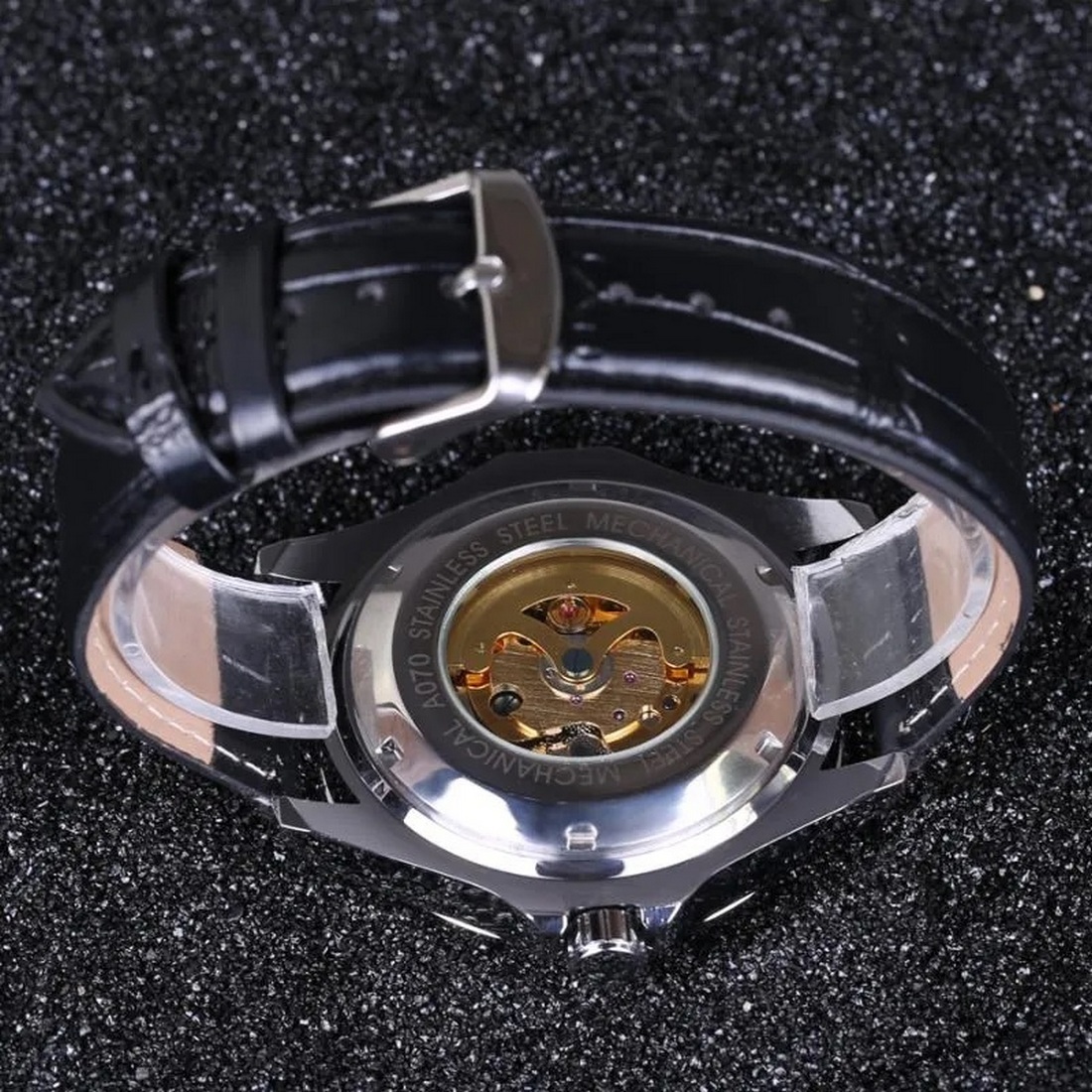 腕時計ジャラガル高級時計男性シルバーレザーメカニカル腕時計自動スケルトンドレスカジュアルビジネスの画像3