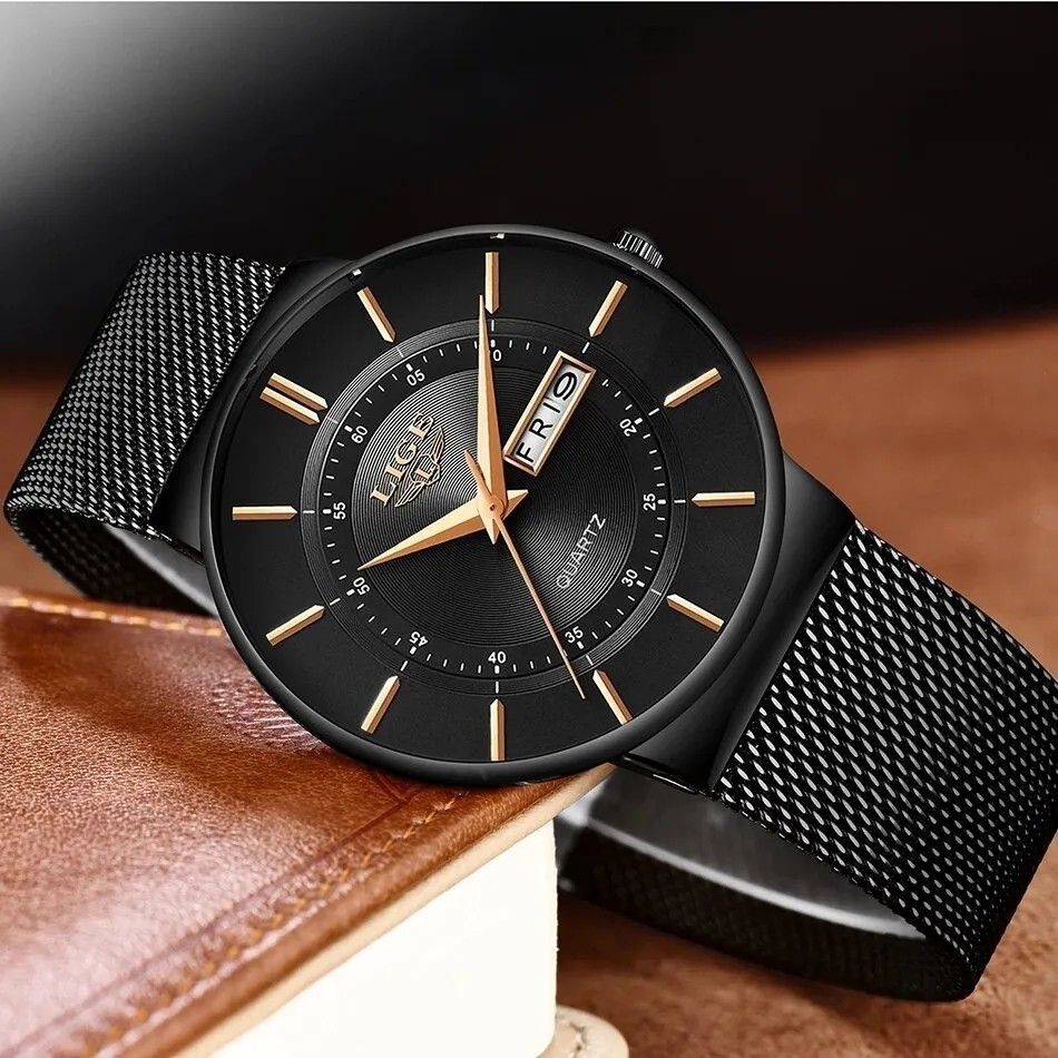 メンズ腕時計 新品未使用 LIGE 高級 ラグジュアリー 30M 防水 薄型 クォーツ ファッション ウォッチ ブラック&ブラック ゴールド_画像3
