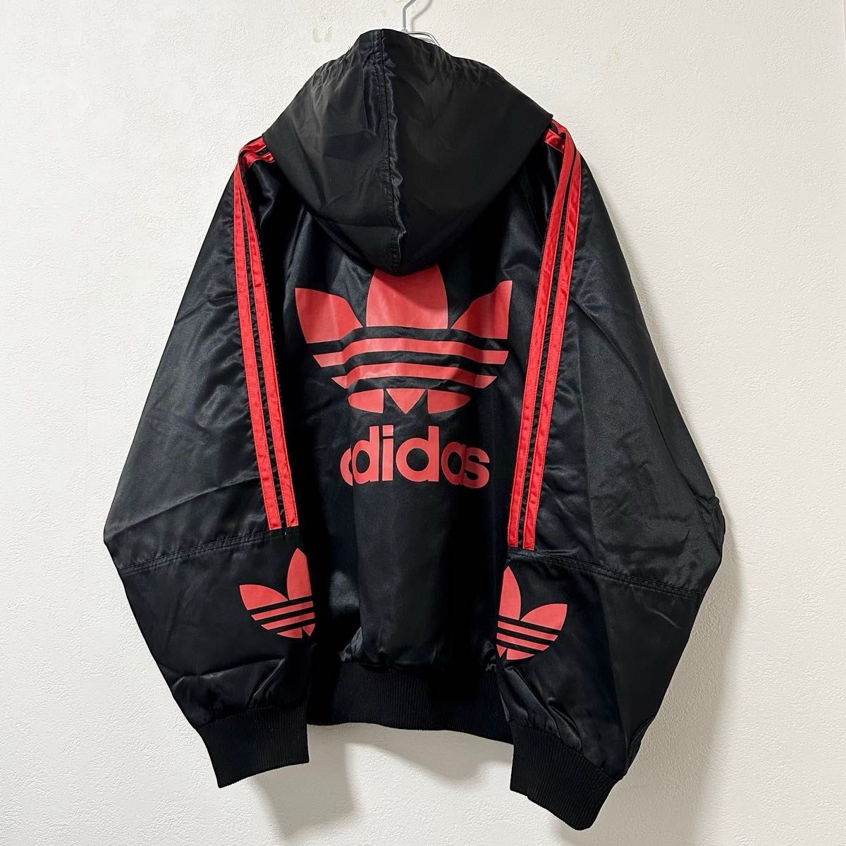 美品★極レア★80s★adidas/アディダス★デサント社製★ブルゾン★ナイロンジャケット★フーディー★RUNDMC★黒赤★XL