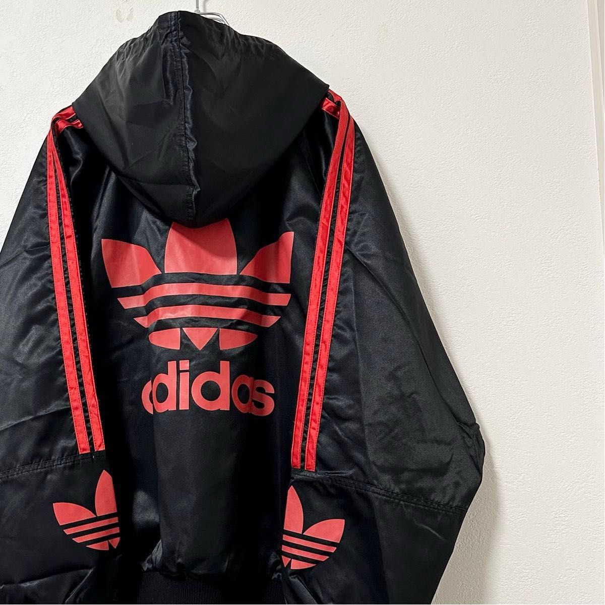 美品★極レア★80s★adidas/アディダス★デサント社製★ブルゾン★ナイロンジャケット★フーディー★RUNDMC★黒赤★XL