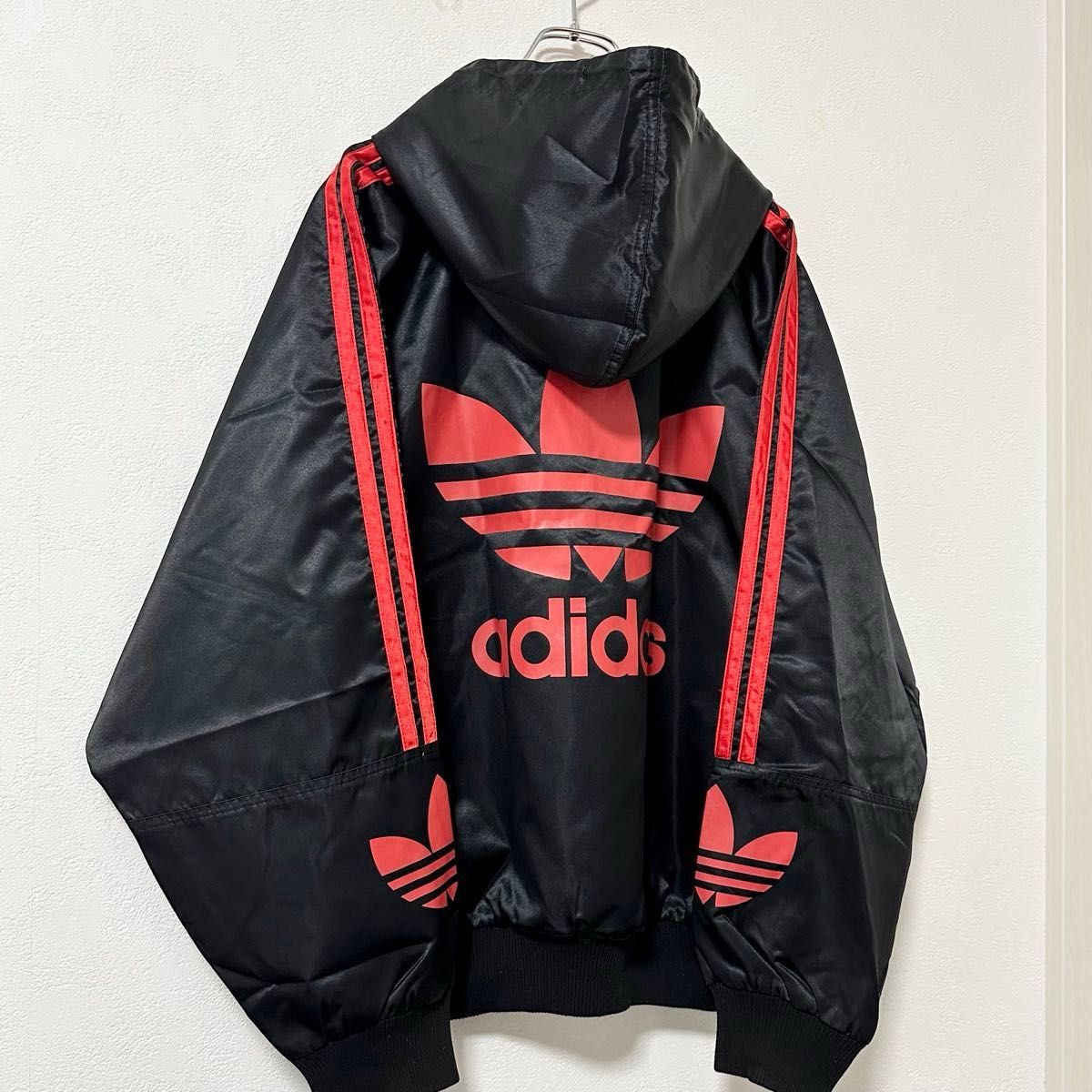 美品★極レア★80s★adidas/アディダス★デサント社製★ブルゾン★ナイロンジャケット★フーディー★RUNDMC★黒赤★XL