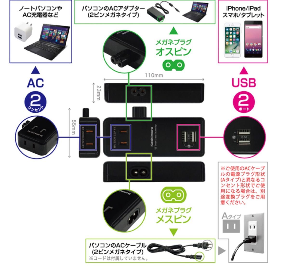 ［廃版］カシムラ KASHIMURA WM-1 ACアダプター用 ２ピンメガネタップ 2.4A IC USB2P AC2P