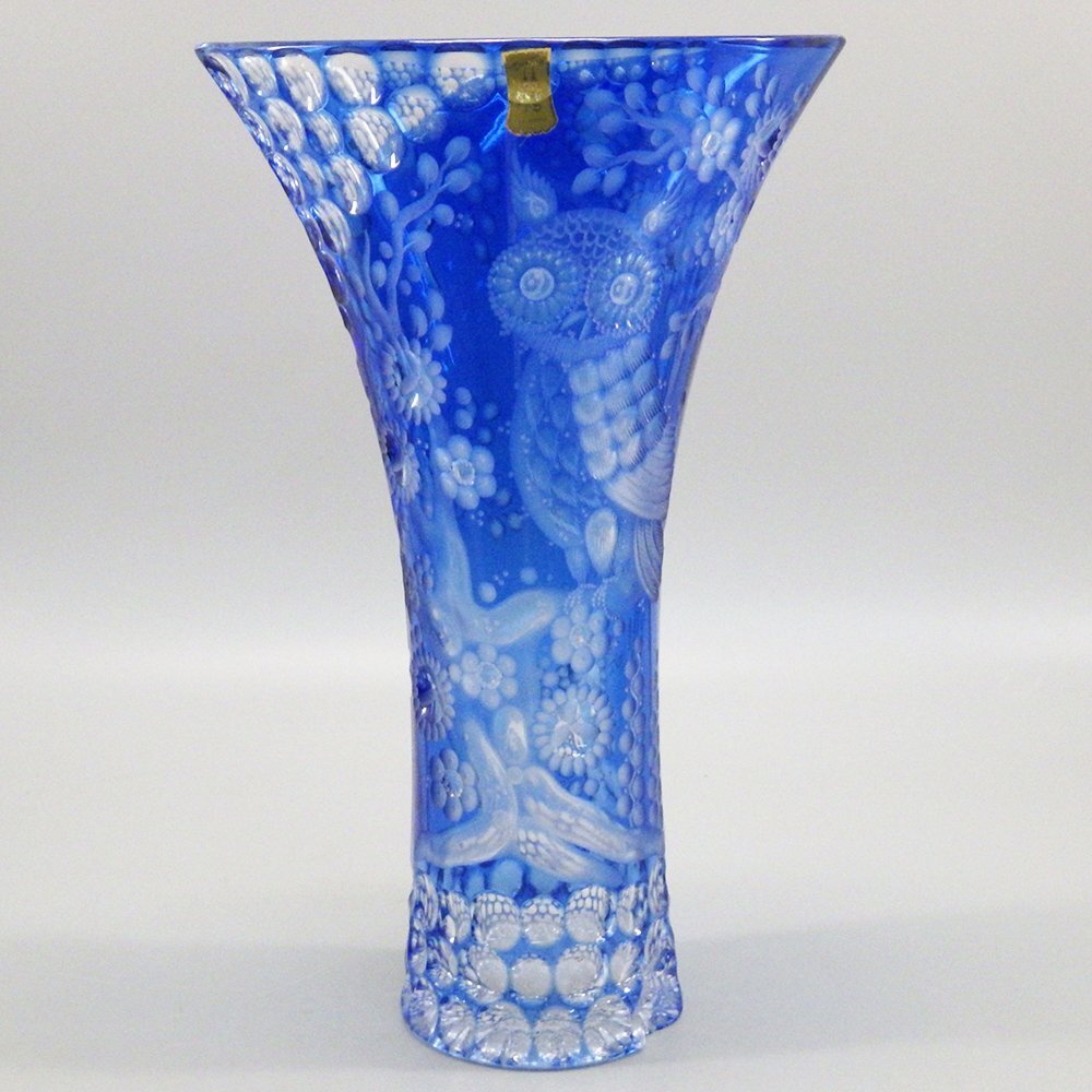 1円～ Meissen Crystal マイセンクリスタル 色被せガラス フクロウ フラワーベース ブルー 花瓶 320-2568611【O商品】_画像1