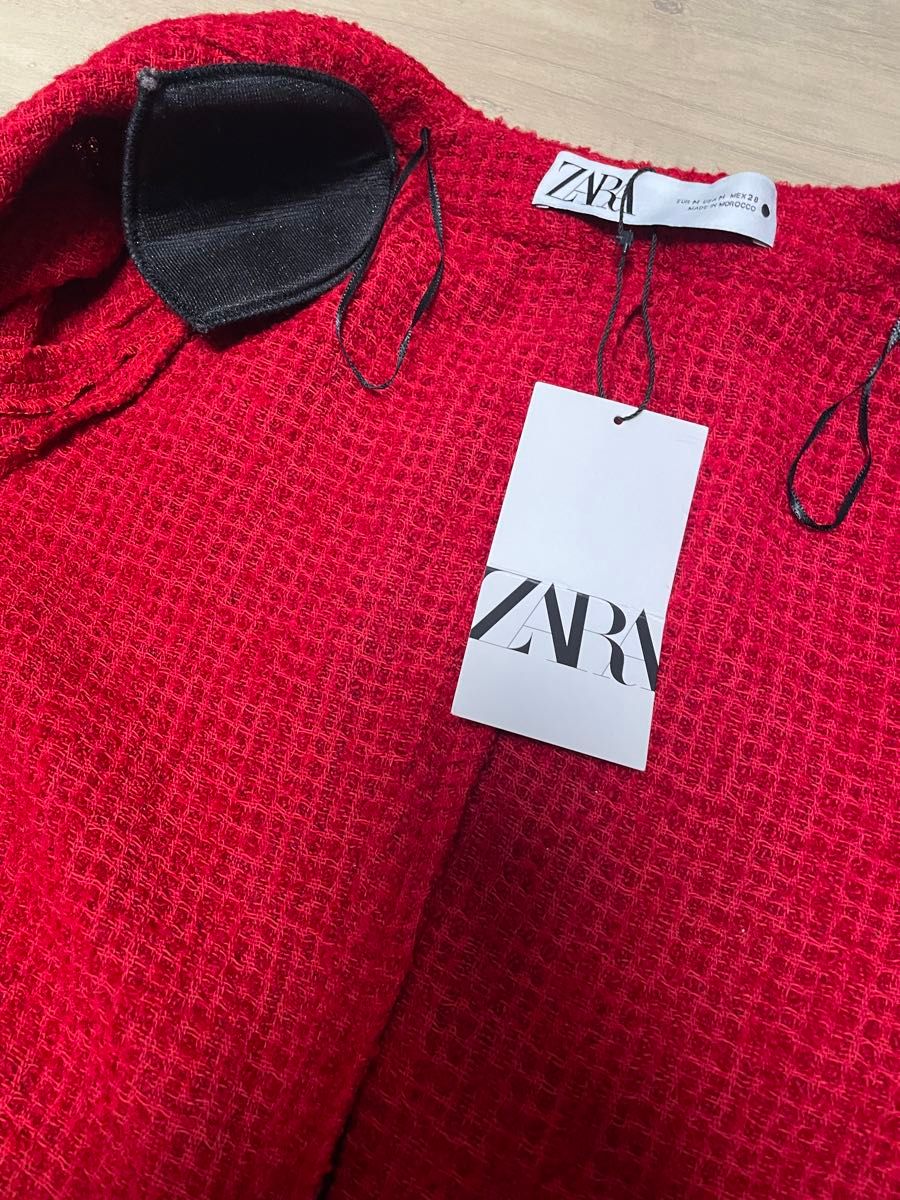 【新品タグ付き】ZARA テクスチャード ツイードドレス  レッド Mサイズ カーディガン