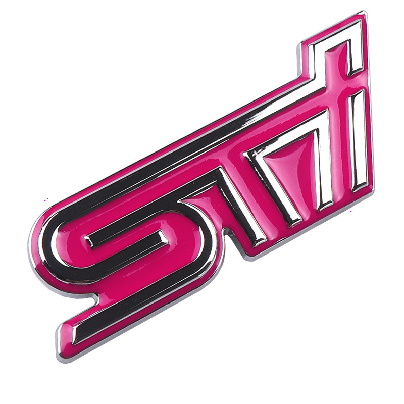 【送料込】STI 3Dエンブレム (両面テープ) ピンク／メッキ 縦3.6cm×横9.2cm 金属製 スバル の画像1