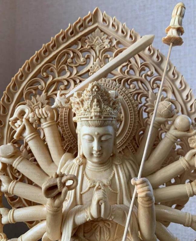  rare article * total hinoki cypress material precise sculpture Buddhist image tree carving ... sound bodhisattva image 
