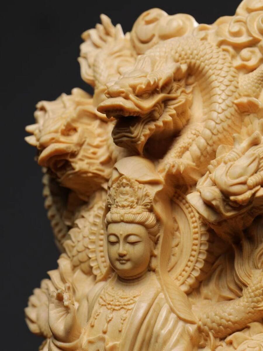  beautiful goods * tree carving Buddhist image Buddhism fine art precise skill 9 dragon . sound image tree carving . wooden . sound bodhisattva image Buddhist image ornament height 18cm