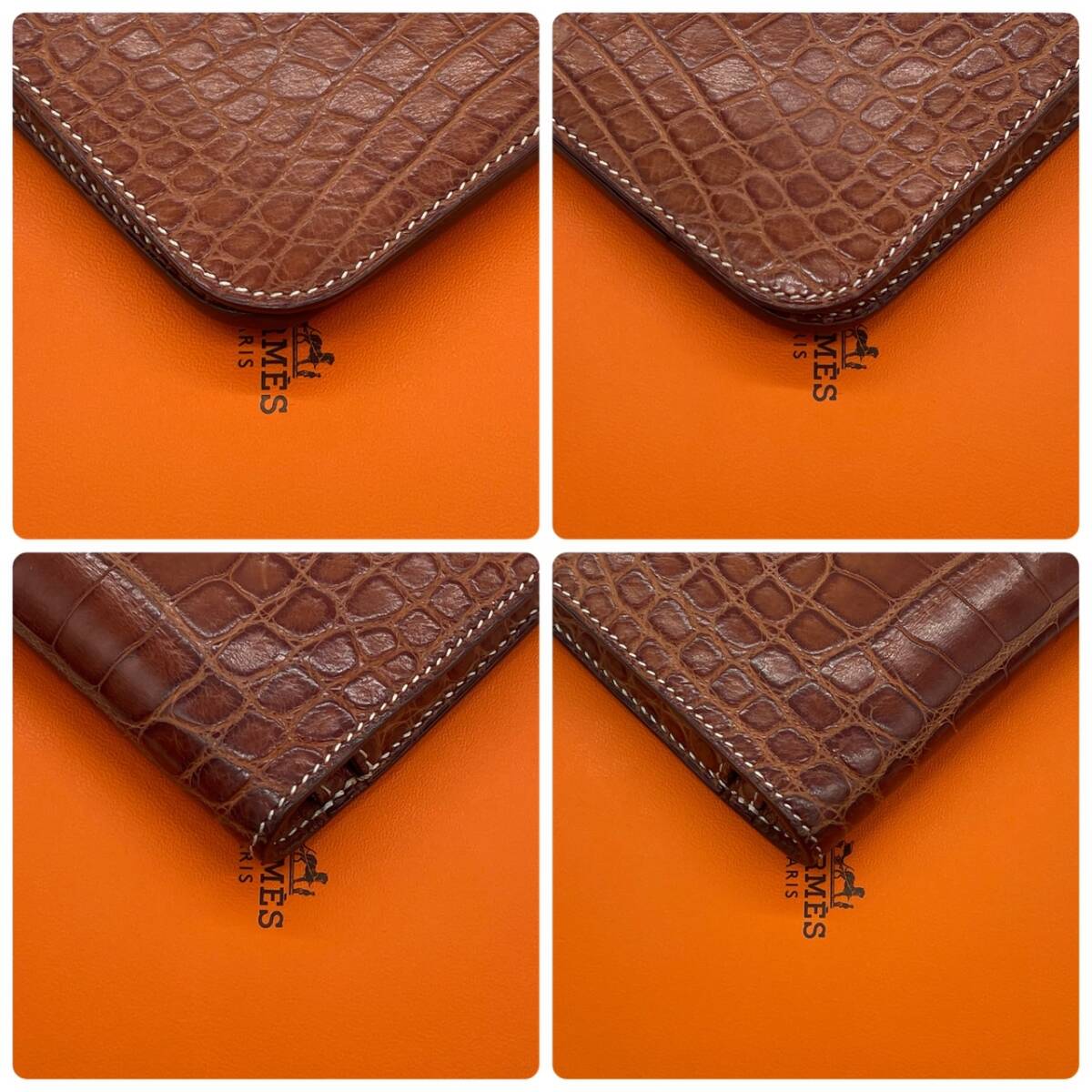 ★【新品同様!!】HERMES エルメス クロコダイル アリゲーター ドゴンGM ブラウン コインケース付き 二つ折り財布 □K刻印 メンズ★_画像5