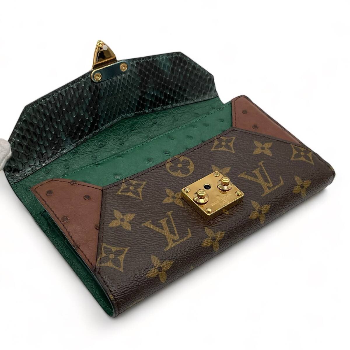 ★【新品同様!!/激レア】ルイヴィトン Louis Vuitton モノグラム エキゾチック 三つ折り財布 パイソン×オーストリッチ N91289★_画像7