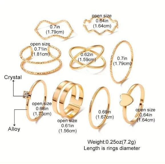 10個セット　シンプルで幾何学的なリングセット　光沢のあるラインストーン　重ね付けが可愛い　ゴールドカラー　指輪