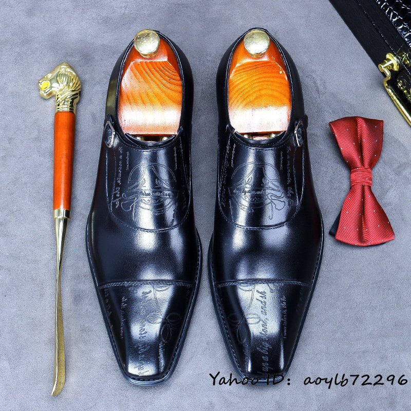 最高級★ビジネスシューズ 本革 モンクストラップ 職人手作り レザーシューズ メンズシューズ 牛革紳士靴 革靴 イギリス風 ブラック 25cm