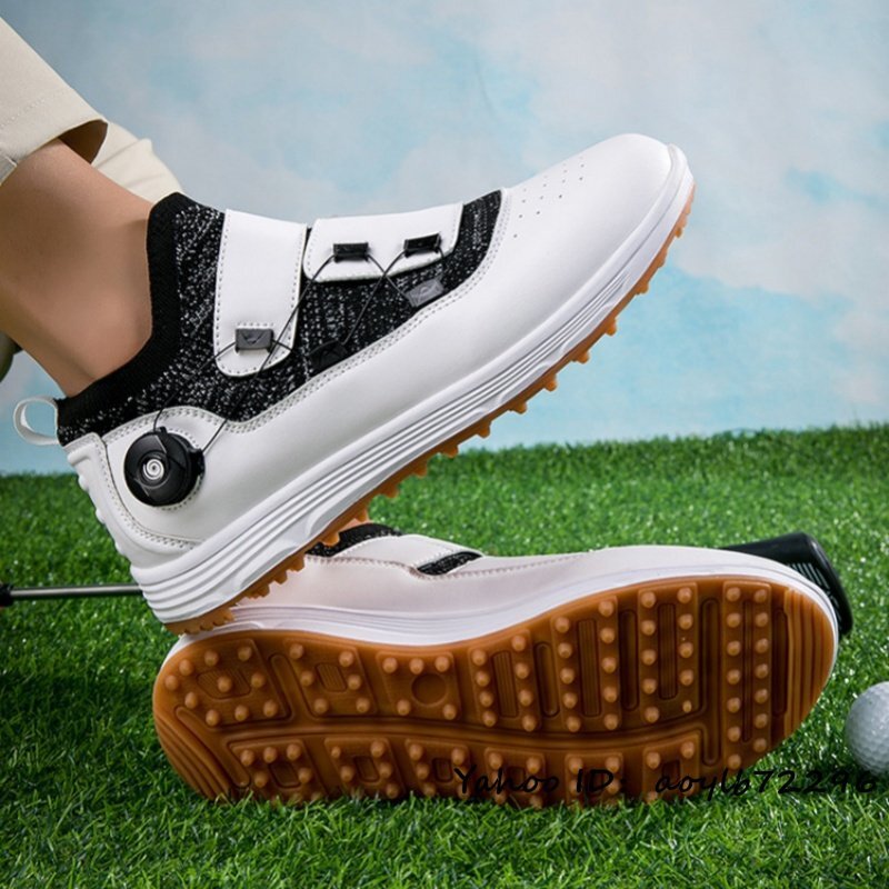最高級★ゴルフシューズ 運動靴 メンズ 4E 幅広 スニーカー スポーツシューズ ダイヤル式 フィット感 新品 防水性 耐久性 ホワイト 27cm