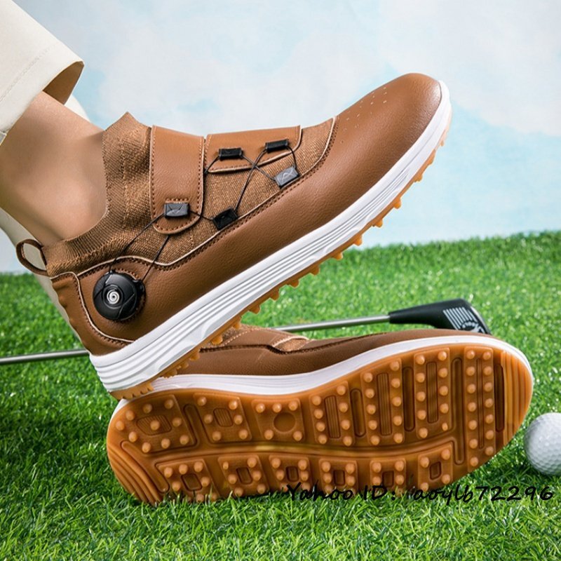 最高級★ゴルフシューズ 運動靴 メンズ 4E 幅広 スニーカー スポーツシューズ ダイヤル式 フィット感 新品 防水性 耐久性 ブラウン 27.5cm