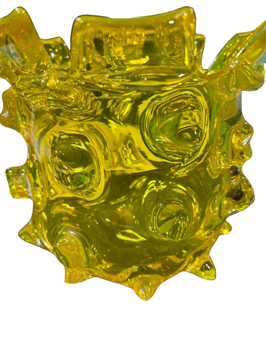 花瓶 花びん 花器 ガラス フラワーベース レモンイエロー 黄色 アートグラス ヴィンテージの画像2