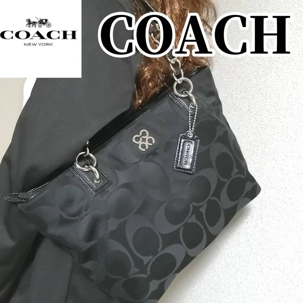 【Ａ4収納可】COACH　コーチ　トートバッグ　サテン　黒　ブラック　シグネチャー　
