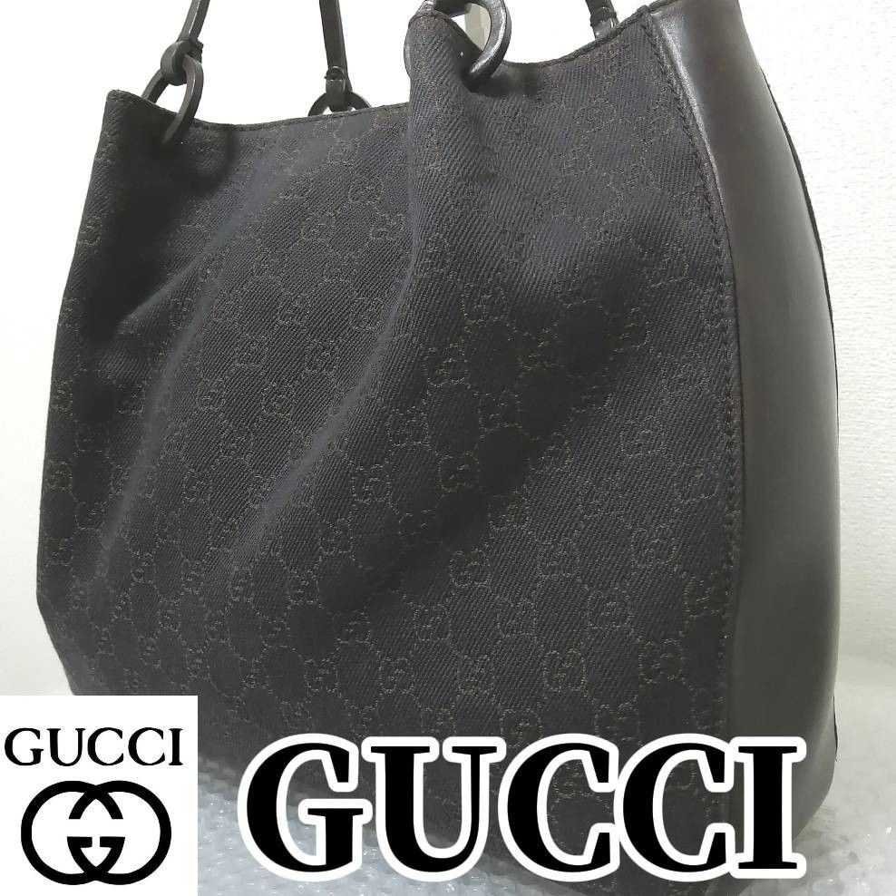 【美品】GUCCI　グッチ　トートバッグ　キャンバス　レザー　GGキャンバス　黒　ブラック　