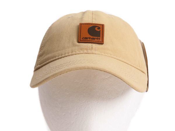 デッドストック カーハート コットン ワーク ベースボール キャップ 帽子 CARHARTT キャンバス ハット ワンポイント レザーパッチ ベージュの画像2