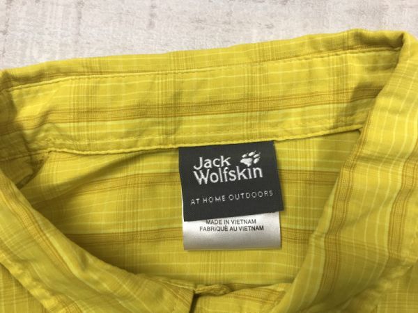 ジャックウルフスキン Jack Wolfskin アウトドア アメカジ トレッキング 刺繍 チェック 半袖シャツ メンズ L 黄色_画像2