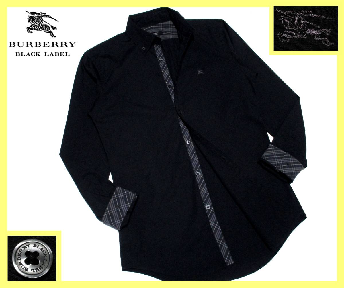 極美品 バーバリーブラックレーベル グレーホース刺繍 襟首・前立て・袖口裏ノバチェック ストレッチ ボタンダウンシャツ サイズ M(2)の画像1