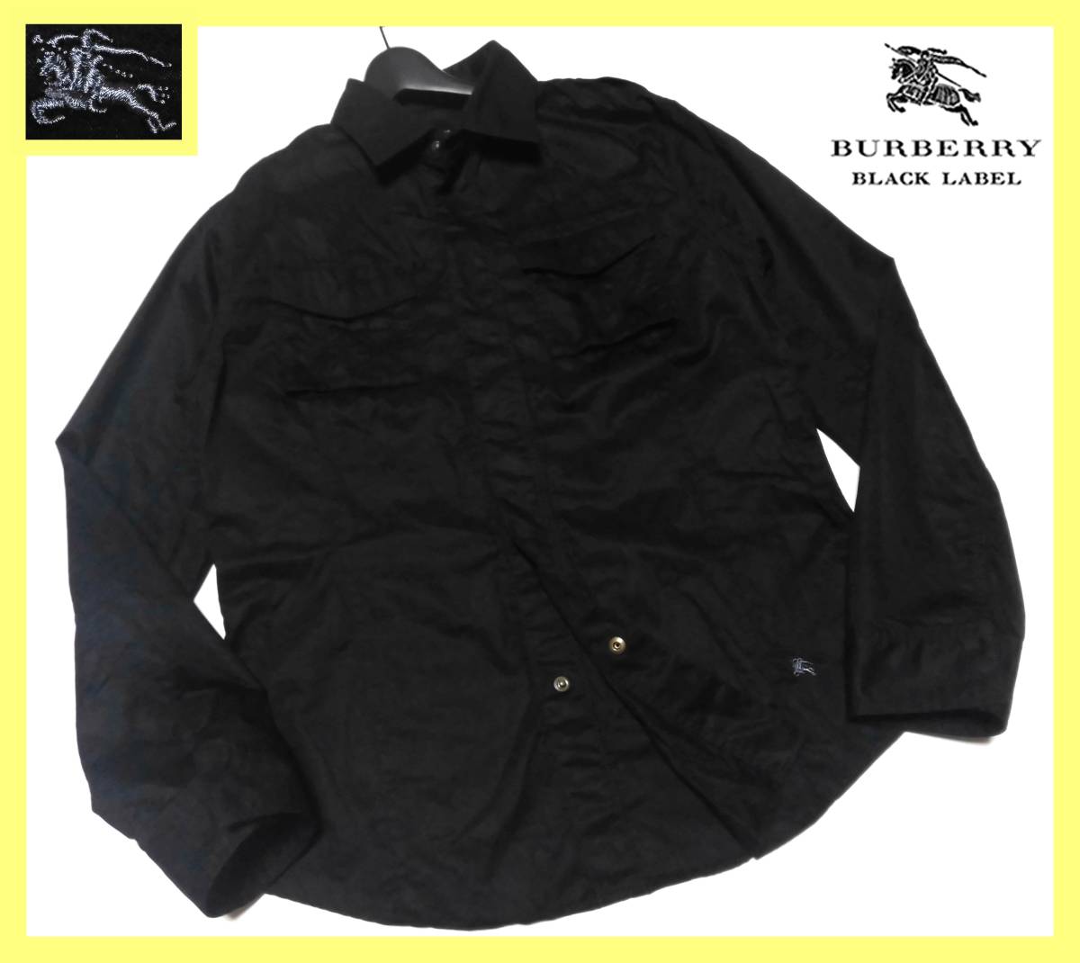 大人気サイズ L(3) 美品 バーバリーブラックレーベル BURBERRY BLACK LABEL グレーホース刺繍 スナップボタンデザイン ブラックシャツ_画像2