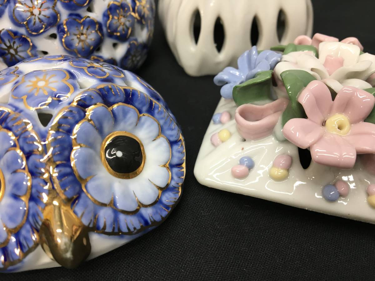  secondhand goods * powder box / pot-pourri pot pot-pourri inserting pot-pourri container case ..../ owl /./. flower attaching ceramics container 2 piece set 