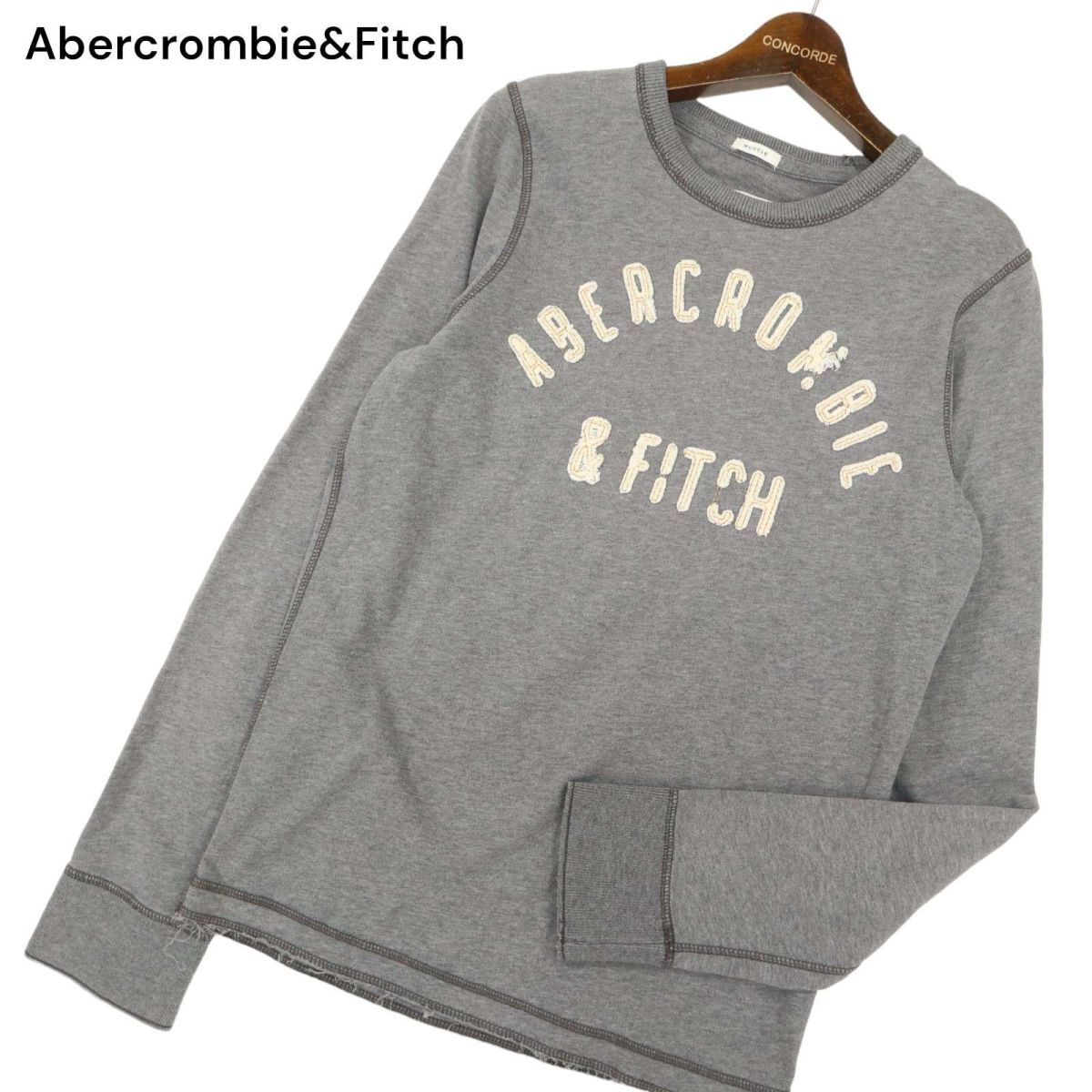 Abercrombie&Fitch アバクロンビー＆フィッチ 通年 長袖 ロゴパッチ刺繍★ カットソー ロンTシャツ Sz.S　メンズ グレー　C4T01881_3#F_画像1