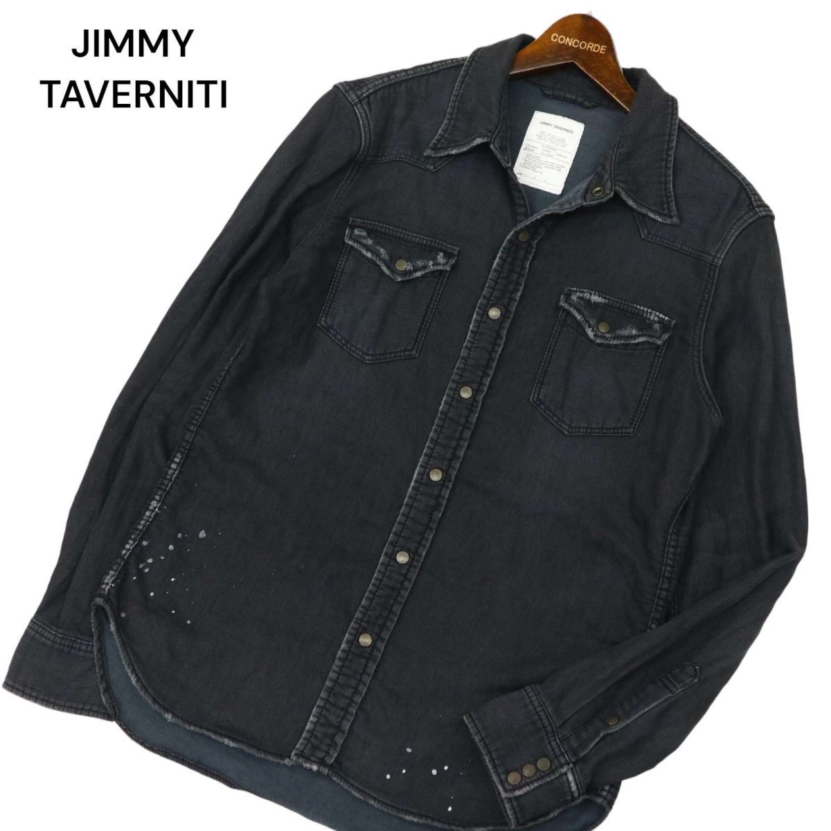 JIMMY TAVERNITI ジミータヴァニティ しぶきプリント★ ダメージ加工 長袖 スウェット デニム シャツ Sz.L　メンズ グレー　C4T01916_3#C_画像1