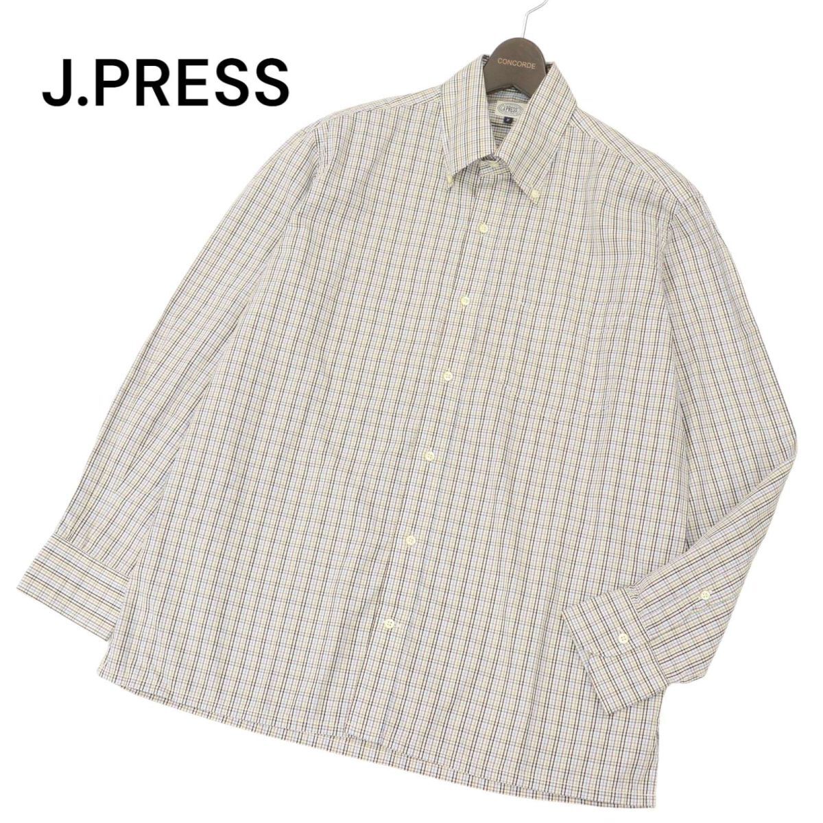 美品★ J.PRESS ジェイプレス 通年 長袖 総柄★ チェック ボタンダウン シャツ Sz.L　メンズ　C4T01907_3#C_画像1