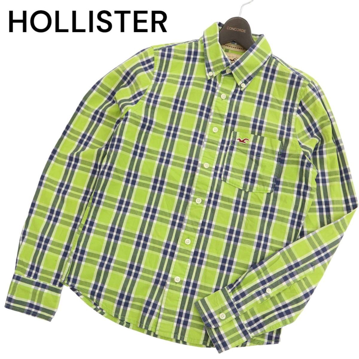 HOLLISTER ホリスター 通年 長袖 ロゴ刺繍★ ボタンダウン チェック シャツ Sz.S　メンズ 黄緑　C4T01854_3#C_画像1