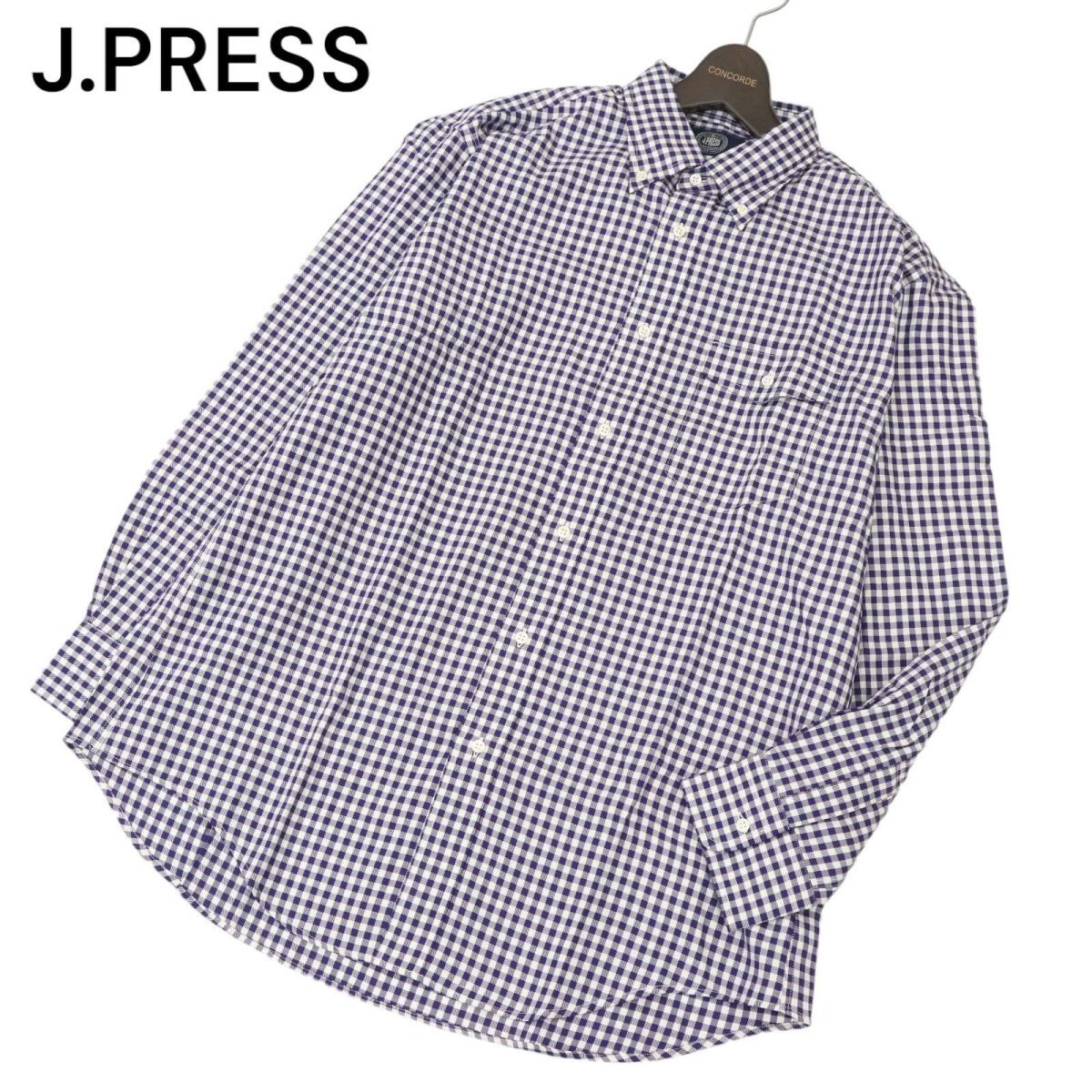 美品★ J.PRESS ジェイプレス 通年 長袖 ボタンダウン ギンガム チェック シャツ Sz.LL　メンズ 大きいサイズ　C4T01973_3#C_画像1