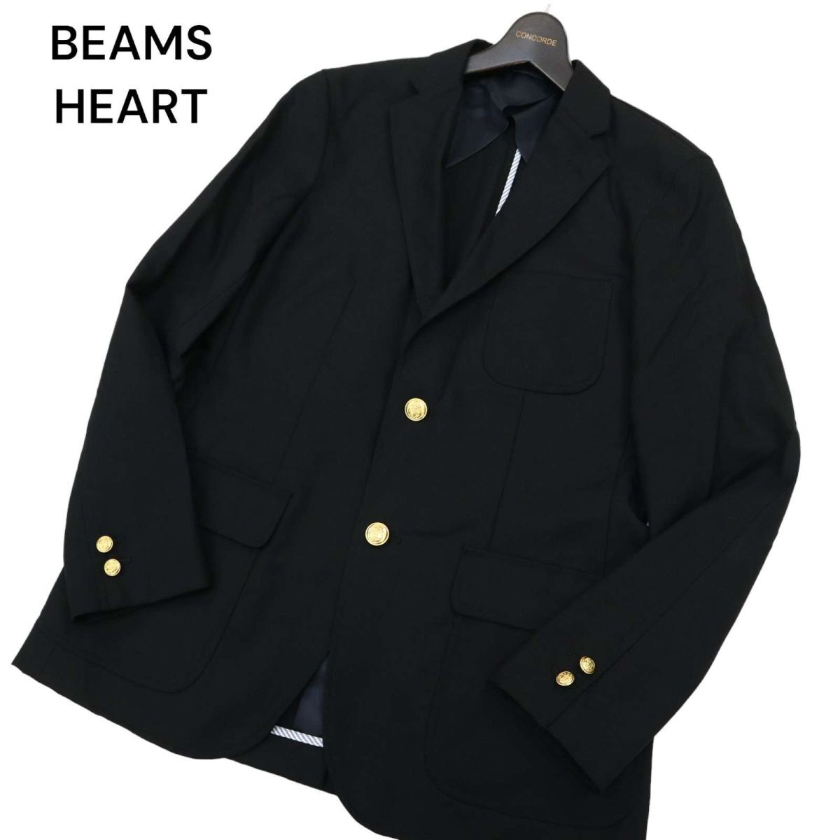 BEAMS HEART ビームス ハート 通年 背抜き 刻印 金ボタン★ アンコン テーラード ジャケット ブレザー Sz.L　メンズ 黒　C4T02112_3#O_画像1