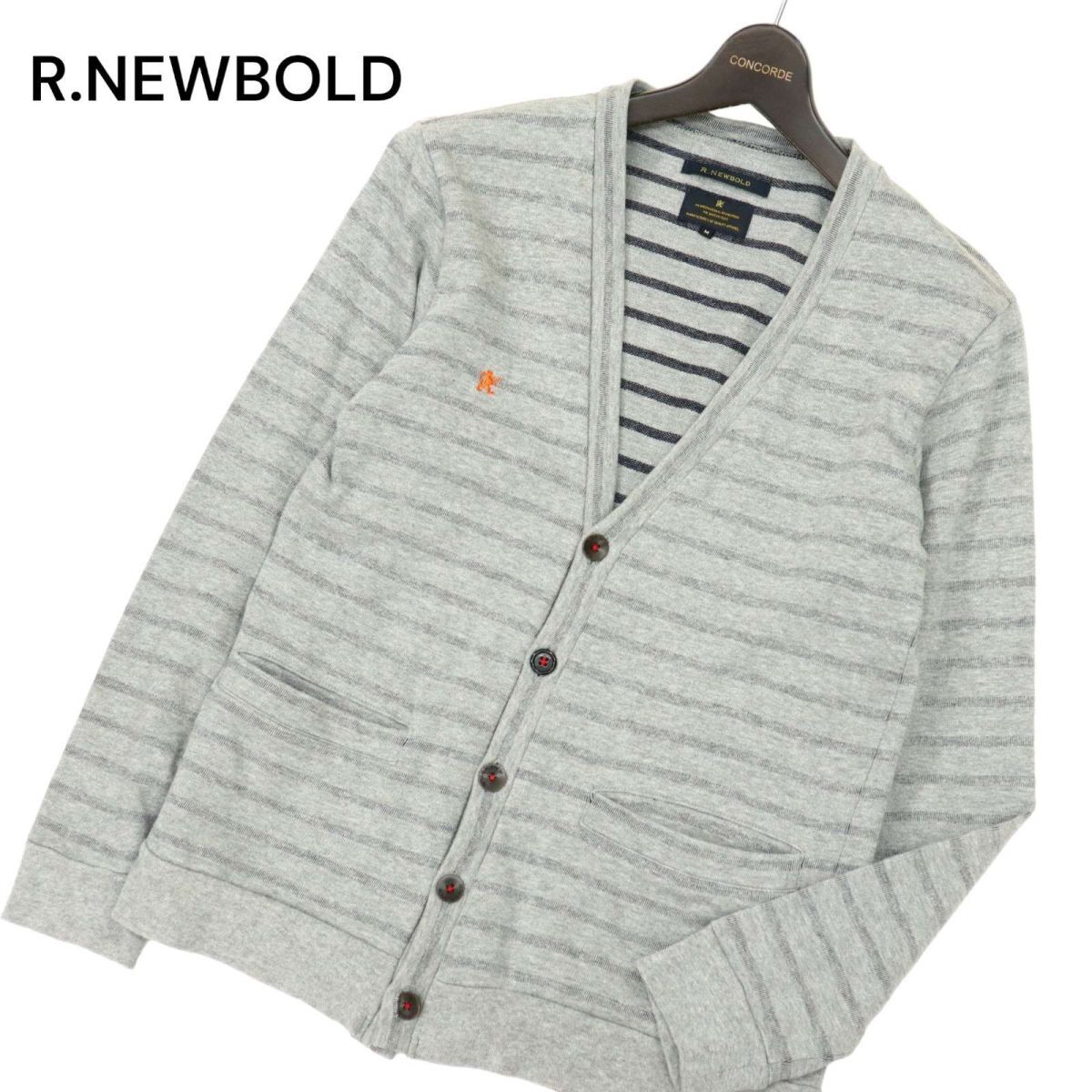 R.NEWBOLD ポールスミス 通年 Vネック ロゴ刺繍★ ボーダー柄 カーディガン 羽織り Sz.M　メンズ グレー　C4T02210_3#O_画像1