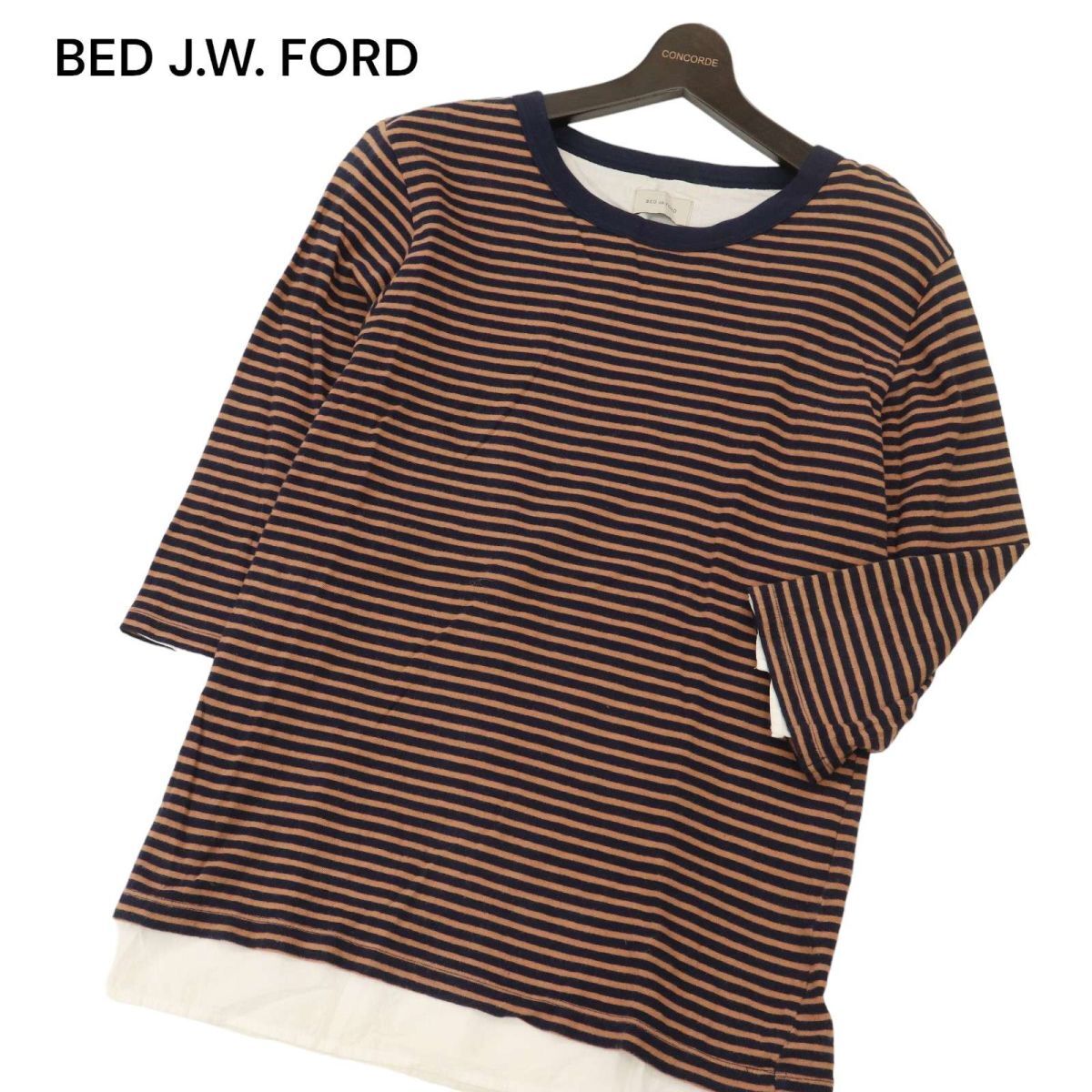 BED J.W. FORD ベッドフォード 春夏 7分袖 レイヤード風★ ボーダー カットソー Tシャツ Sz.0　メンズ 日本製　C4T02180_3#D_画像1