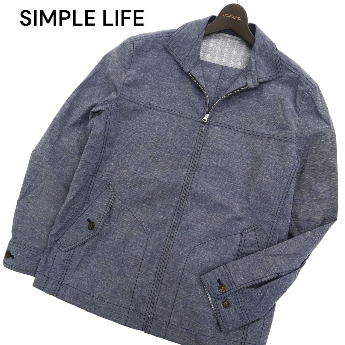 SIMPLE LIFE シンプルライフ レナウン 春夏 麻 リネン混★ シャンブレー ジップアップ ブルゾン ジャケット Sz.L　メンズ　C4T02349_3#M_画像1