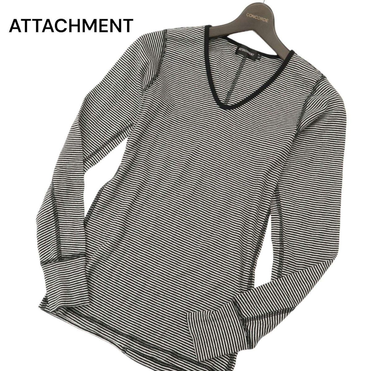 ATTACHMENT アタッチメント 秋冬 長袖 薄手★ Vネック カシミヤ混 ボーダー カットソー ロンTシャツ Sz.1　メンズ 日本製　C4T02627_3#B_画像1