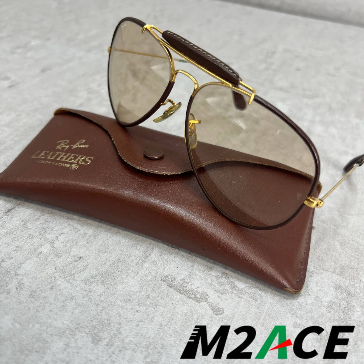 1円〜　Ray Ban レイバン　サングラス LEATHERS BAUSCH＆LOMB レザー　ボシュロム　ケース付き　ブラウン　ティアドロップ　ビンテージ_画像1