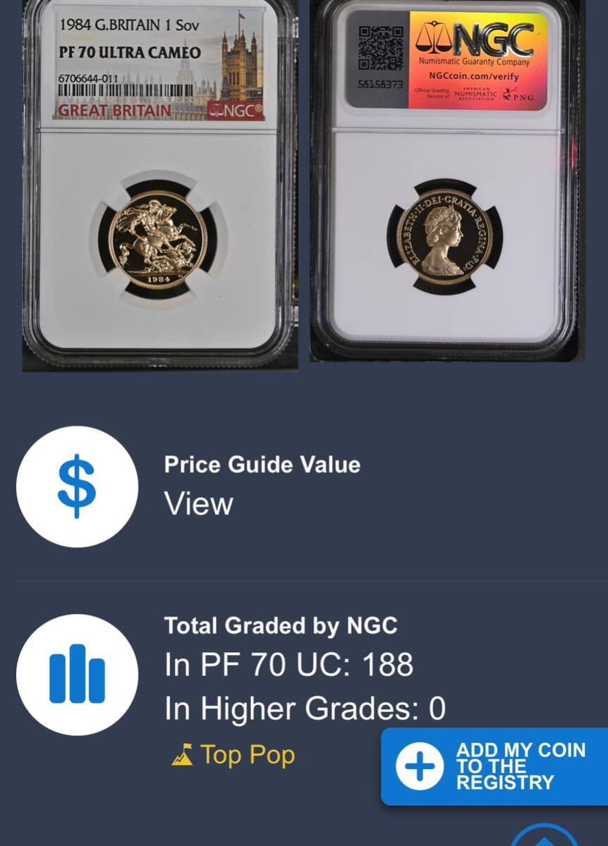 ☆最高判定☆ヤングエリザベス　1984年 １ソブリン金貨NGC PF 70 ULTRA CAMEO_画像9