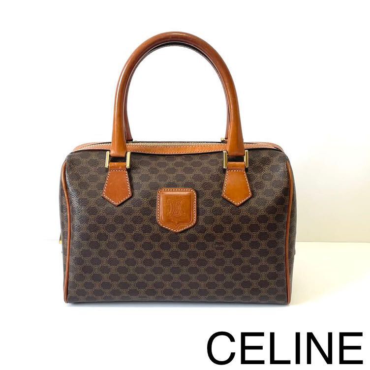 CELINE セリーヌ　ハンドバッグ　ミニ ボストンバッグオールレザー　トリオンフ　ブラゾン　マカダム柄　ゴールド金具　ブラウン