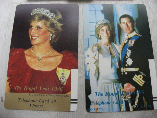 テレホンカード　ダイアナ妃　チャールズ皇太子　1986　来日記念　50度数　2枚セット　真鍮ケースつき　未使用品